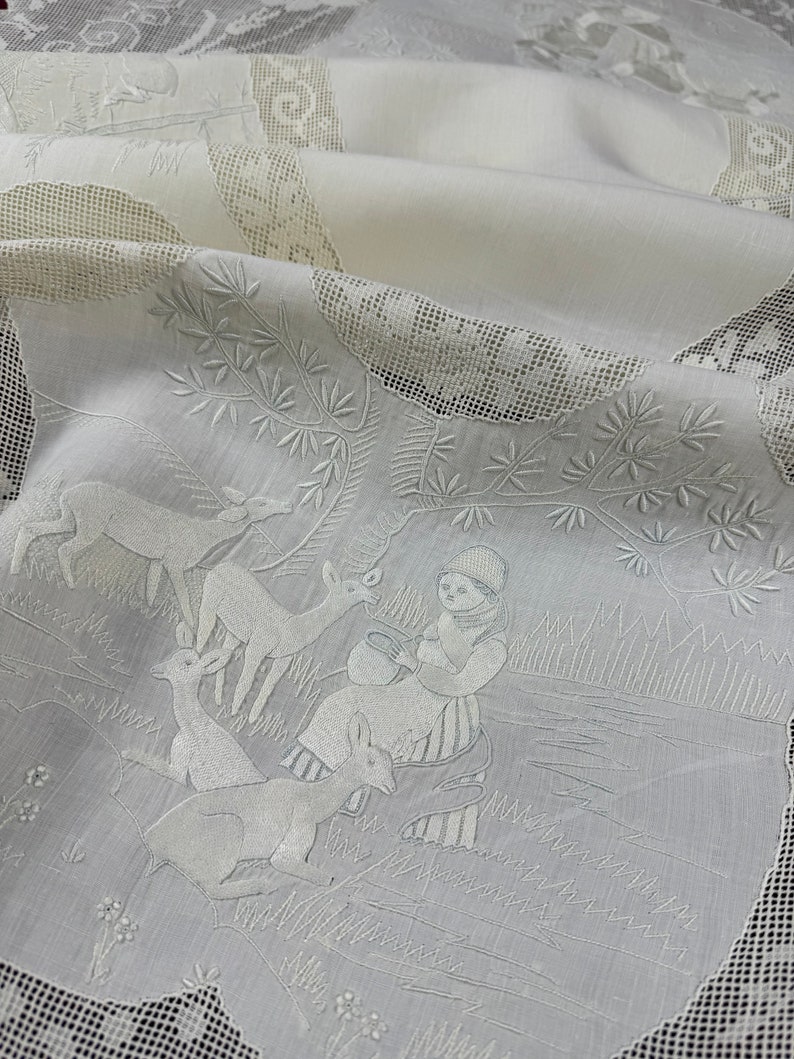 SUPERB! Appenzell Handmade Oval Round Table Runner, Center piece, Cream Butter Color Linen, Swiss Embroidery, Silk Thread, Early 1900s, Antique & Vintage Textiles Rural Countryside scenes figural human animals deers drawn-thread work