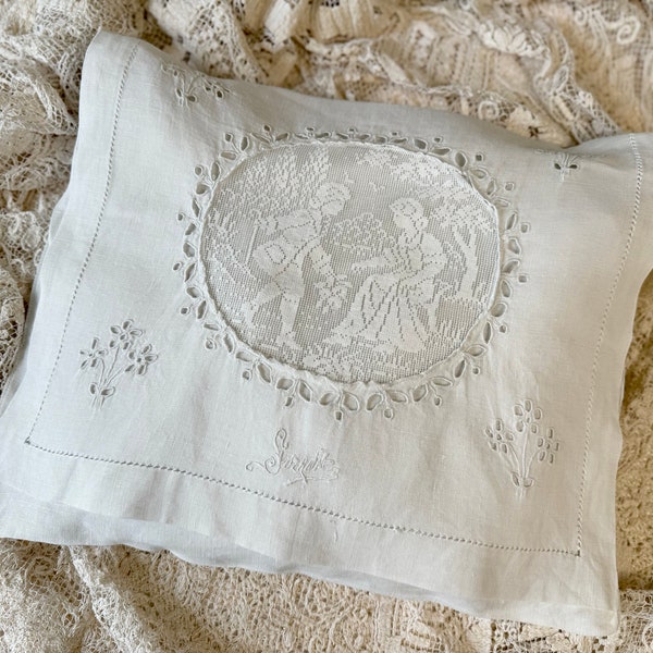 LOVELY Antique French Linen Case, Nightdress Sachet, Pillow Case, Handmade Cutwork Embroidery, SUZANNE, Filet, Antique & Vintage Textiles