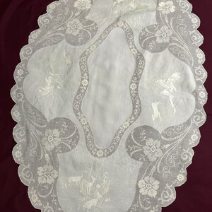 SUPERB! Appenzell Handmade Oval Round Table Runner, Center piece, Cream Butter Color Linen, Swiss Embroidery, Silk Thread, Early 1900s, Antique & Vintage Textiles Rural Countryside scenes figural human animals deers drawn-thread work
