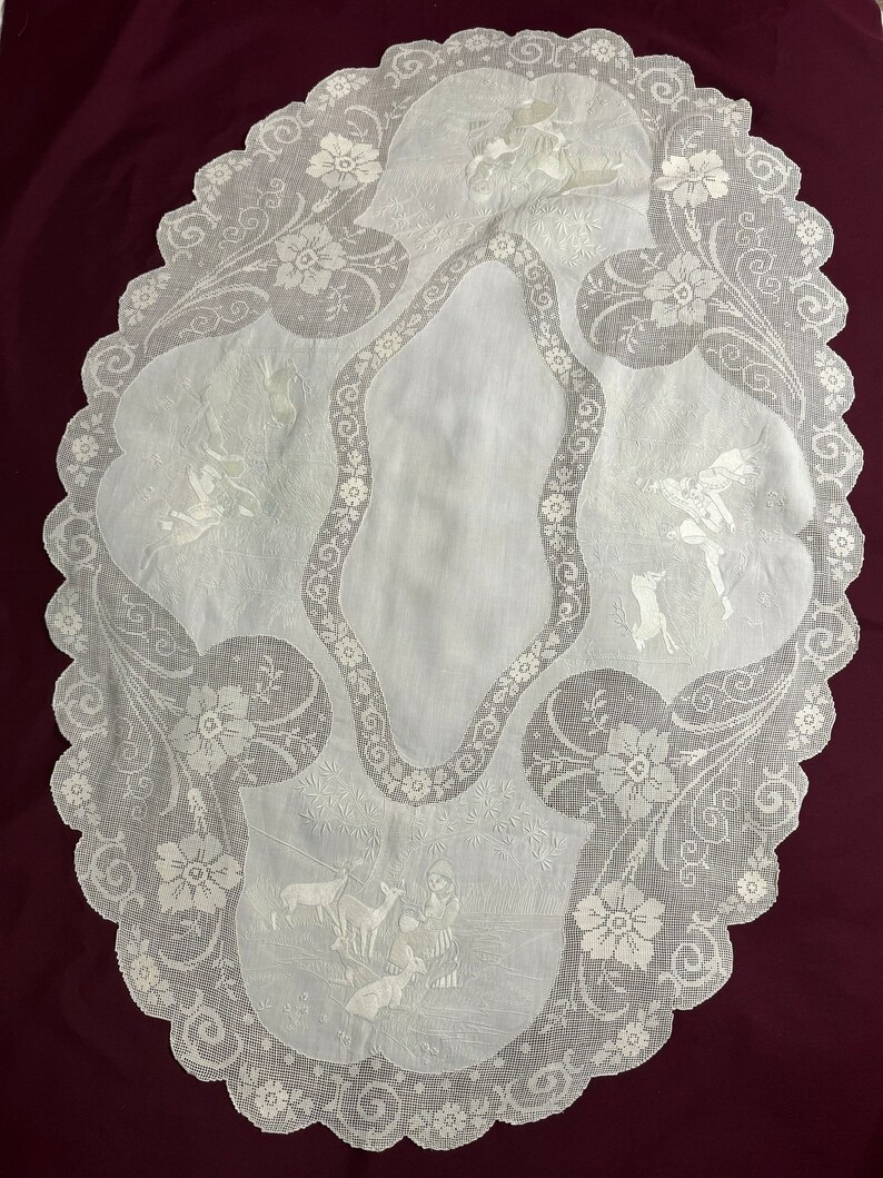 SUPERB! Appenzell Handmade Oval Round Table Runner, Center piece, Cream Butter Color Linen, Swiss Embroidery, Silk Thread, Early 1900s, Antique & Vintage Textiles Rural Countryside scenes figural human animals deers drawn-thread work