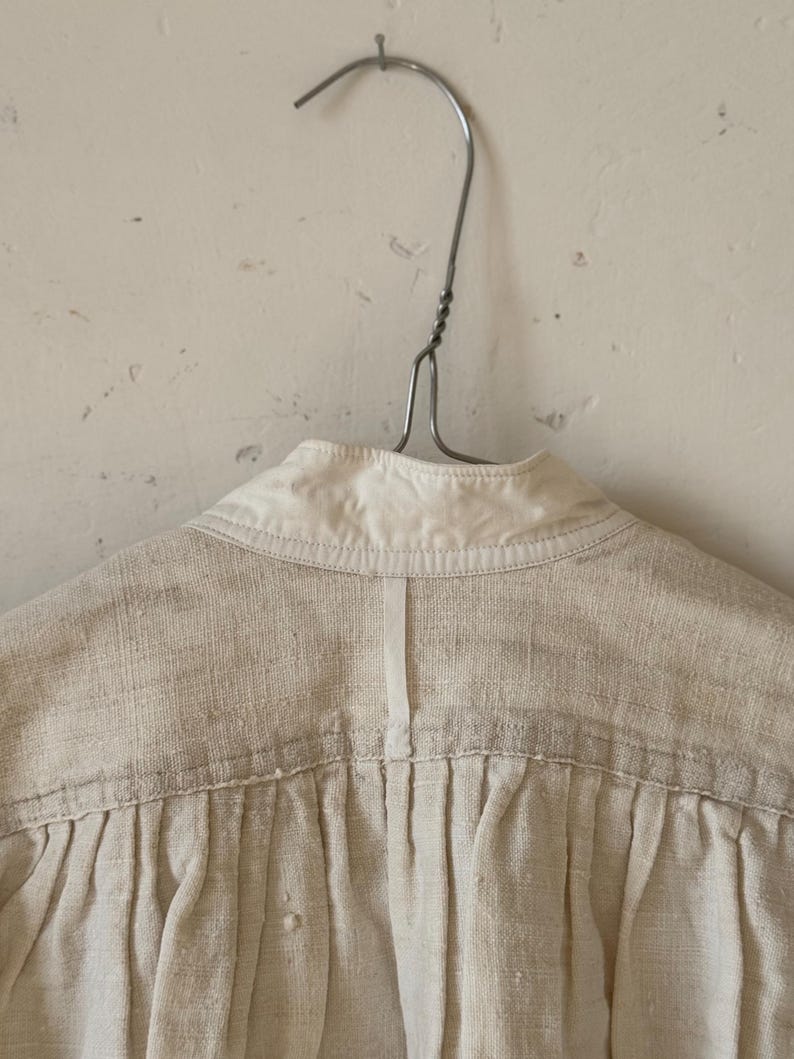 1840s-1870s Authentic French Chemise Tunic, Hand-spun Hand-woven Natural Linen, Handmade HJ Monograms, Long Shirt Smock, Antique Vintage Textile, Men Women Peasant Worker Workwear, Victorian Fashion, Farmhouse Summer Country Chic Dress, 19th century