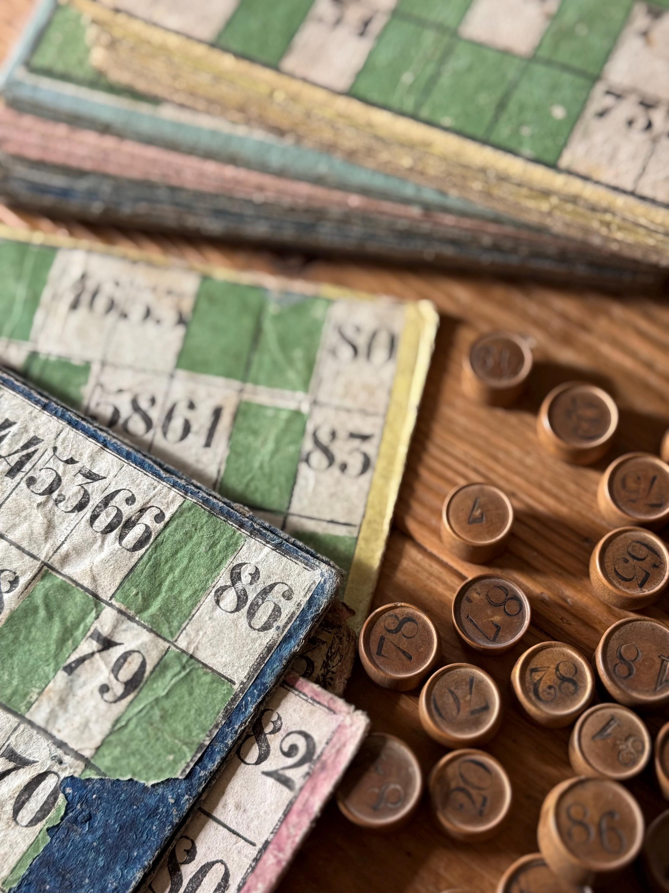 1800s Authentic French Jeu De Loto, Complete 1-90 Numbered Discs