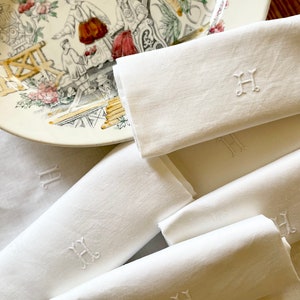 Six (6) Vintage French Napkins - Handmade Embroidery - White Linen - Monogram H - Damask Weaving - Gift Set - Vintage & Antique Textiles