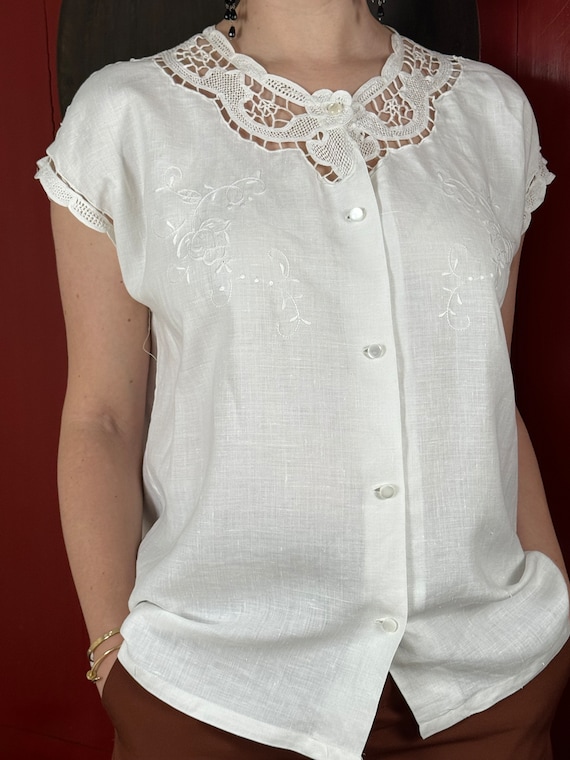 Vintage Italian Sleeveless Top, Handmade Lace and… - image 2