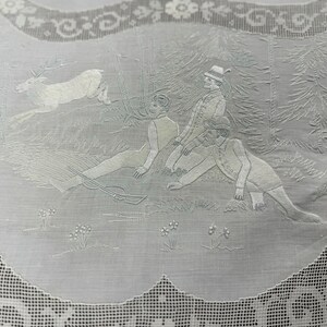 SUPERB! Appenzell Handmade Oval Round Table Runner, Center piece, Cream Butter Color Linen, Swiss Embroidery, Silk Thread, Early 1900s, Antique & Vintage Textiles Rural Countryside scenes figural human animals deers drawn-thread work