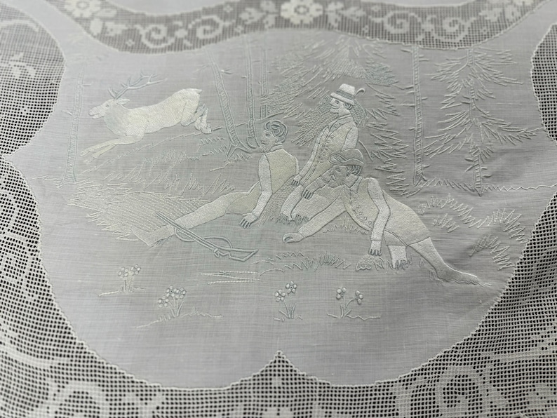 SUPERB! Appenzell Handmade Oval Round Table Runner, Center piece, Cream Butter Color Linen, Swiss Embroidery, Silk Thread, Early 1900s, Antique & Vintage Textiles Rural Countryside scenes figural human animals deers drawn-thread work