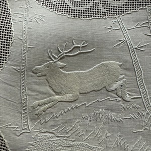 SUPERB! Appenzell Handmade Oval Round Table Runner, Center piece, Cream Butter Color Linen, Swiss Embroidery, Silk Thread, Early 1900s, Antique & Vintage Textiles Rural Countryside scenes figural human animals deers drawn-thread work