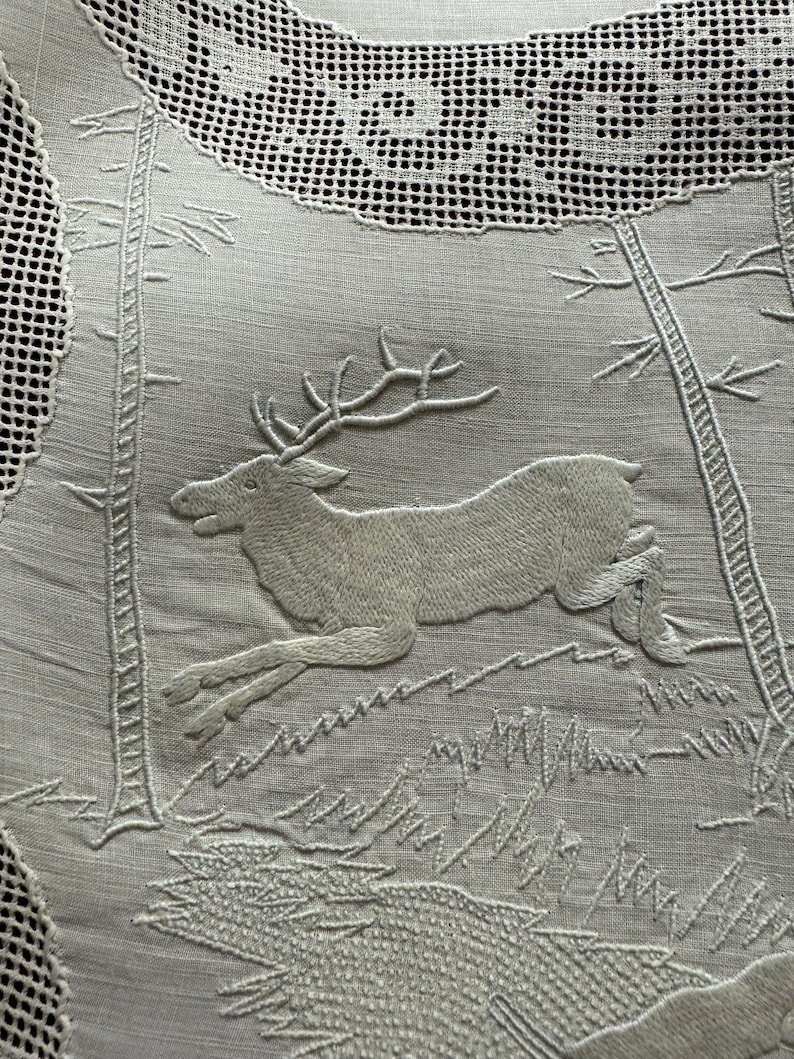 SUPERB! Appenzell Handmade Oval Round Table Runner, Center piece, Cream Butter Color Linen, Swiss Embroidery, Silk Thread, Early 1900s, Antique & Vintage Textiles Rural Countryside scenes figural human animals deers drawn-thread work