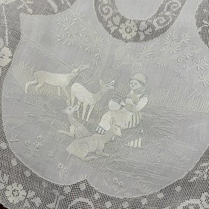 SUPERB! Appenzell Handmade Oval Round Table Runner, Center piece, Cream Butter Color Linen, Swiss Embroidery, Silk Thread, Early 1900s, Antique & Vintage Textiles Rural Countryside scenes figural human animals deers drawn-thread work