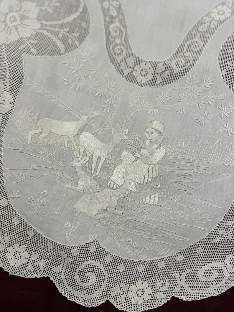SUPERB! Appenzell Handmade Oval Round Table Runner, Center piece, Cream Butter Color Linen, Swiss Embroidery, Silk Thread, Early 1900s, Antique & Vintage Textiles Rural Countryside scenes figural human animals deers drawn-thread work