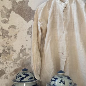 1840s-1870s Authentic French Chemise Tunic, Hand-spun Hand-woven Natural Linen, Handmade HJ Monograms, Long Shirt Smock, Antique Vintage Textile, Men Women Peasant Worker Workwear, Victorian Fashion, Farmhouse Summer Country Chic Dress, 19th century