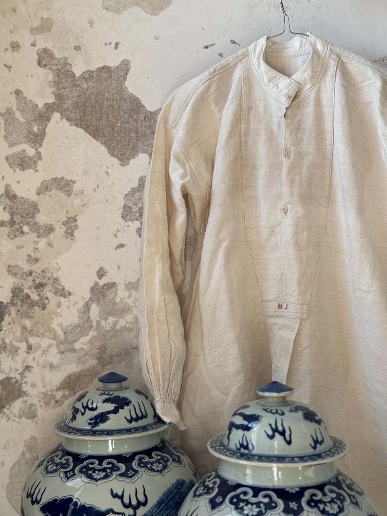 1840s-1870s Authentic French Chemise Tunic, Hand-spun Hand-woven Natural Linen, Handmade HJ Monograms, Long Shirt Smock, Antique Vintage Textile, Men Women Peasant Worker Workwear, Victorian Fashion, Farmhouse Summer Country Chic Dress, 19th century