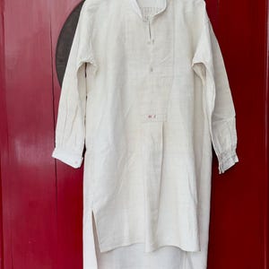 1840s-1870s Authentic French Chemise Tunic, Hand-spun Hand-woven Natural Linen, Handmade HJ Monograms, Long Shirt Smock, Antique Vintage Textile, Men Women Peasant Worker Workwear, Victorian Fashion, Farmhouse Summer Country Chic Dress, 19th century