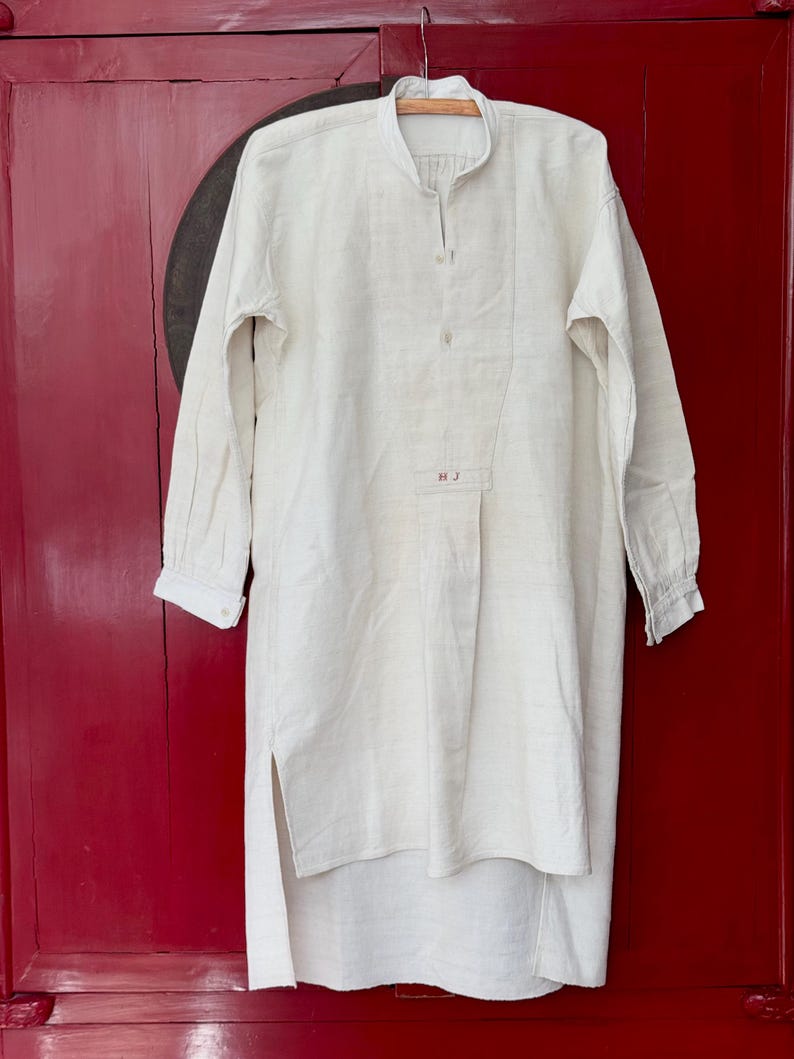1840s-1870s Authentic French Chemise Tunic, Hand-spun Hand-woven Natural Linen, Handmade HJ Monograms, Long Shirt Smock, Antique Vintage Textile, Men Women Peasant Worker Workwear, Victorian Fashion, Farmhouse Summer Country Chic Dress, 19th century