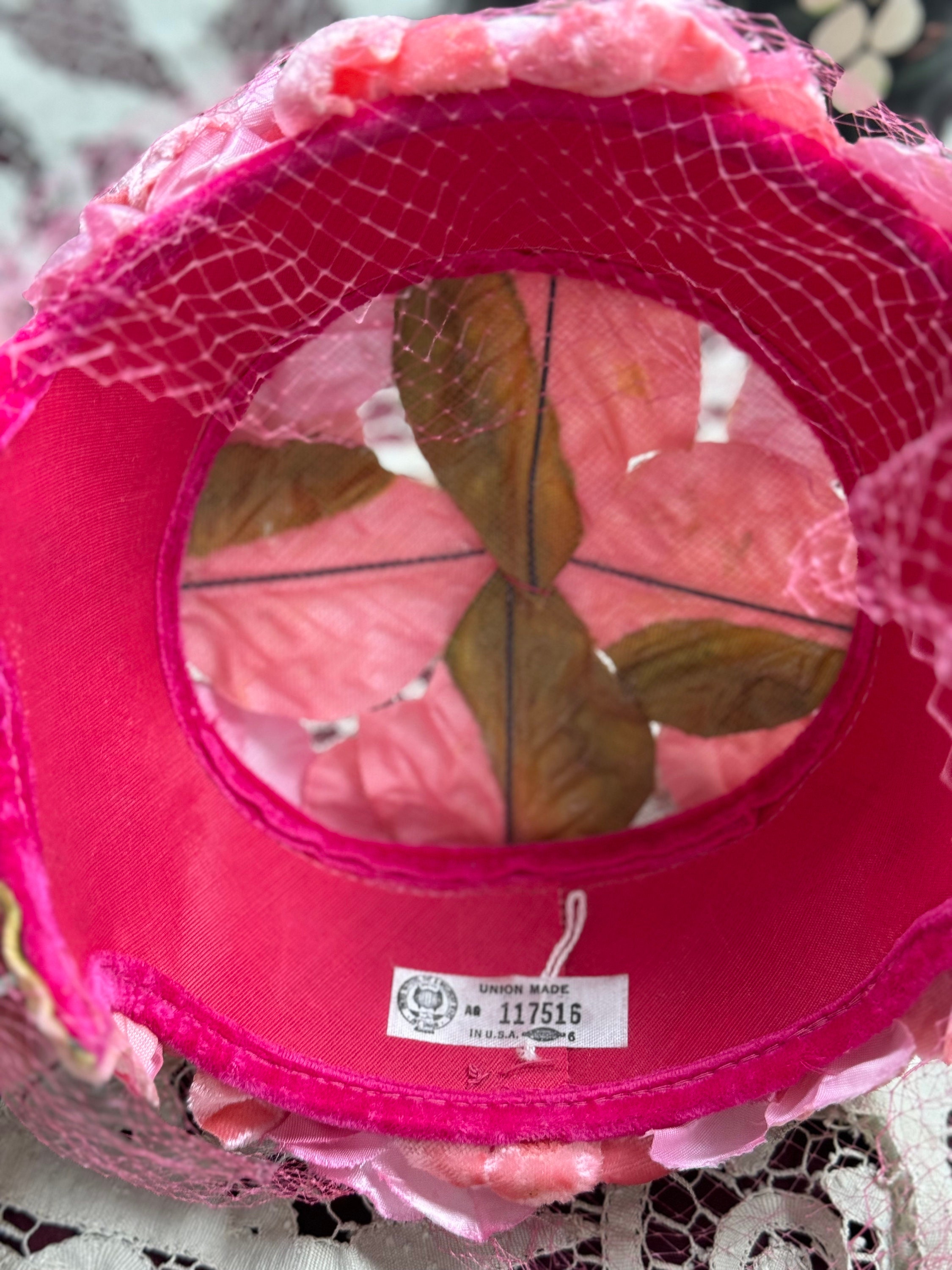 Vintage 1950\'s Pink Floral Pillbox Millinery Hat with Union Label Vintage Pink Floral Millinery Hat: Velvet Hatband, Made in  main image 4