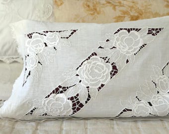 Antique Italian Pillow Sham w/ Handmade Embroidery | White Linen | Antique & Vintage Textile