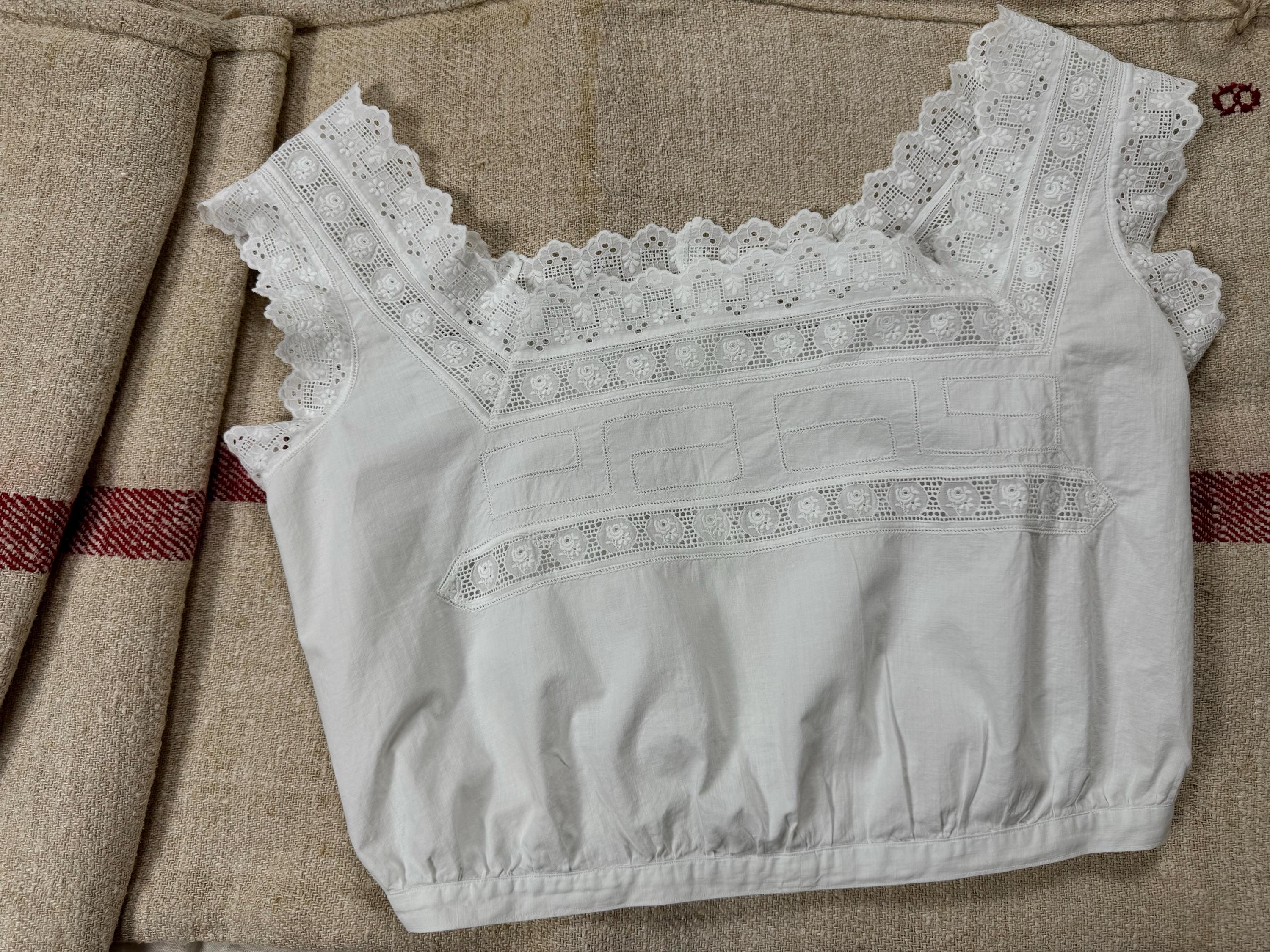 Antique SICILIAN Handmade Crop Top, Early 1900s, St Gallen Lace