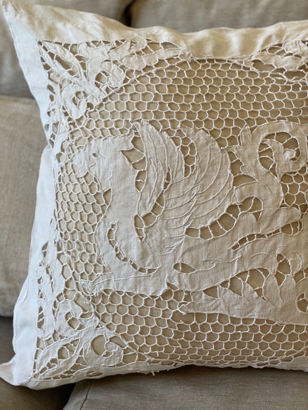 Antique 1800s Italian Pillow Case, White Linen, Mother Pearl Buttons