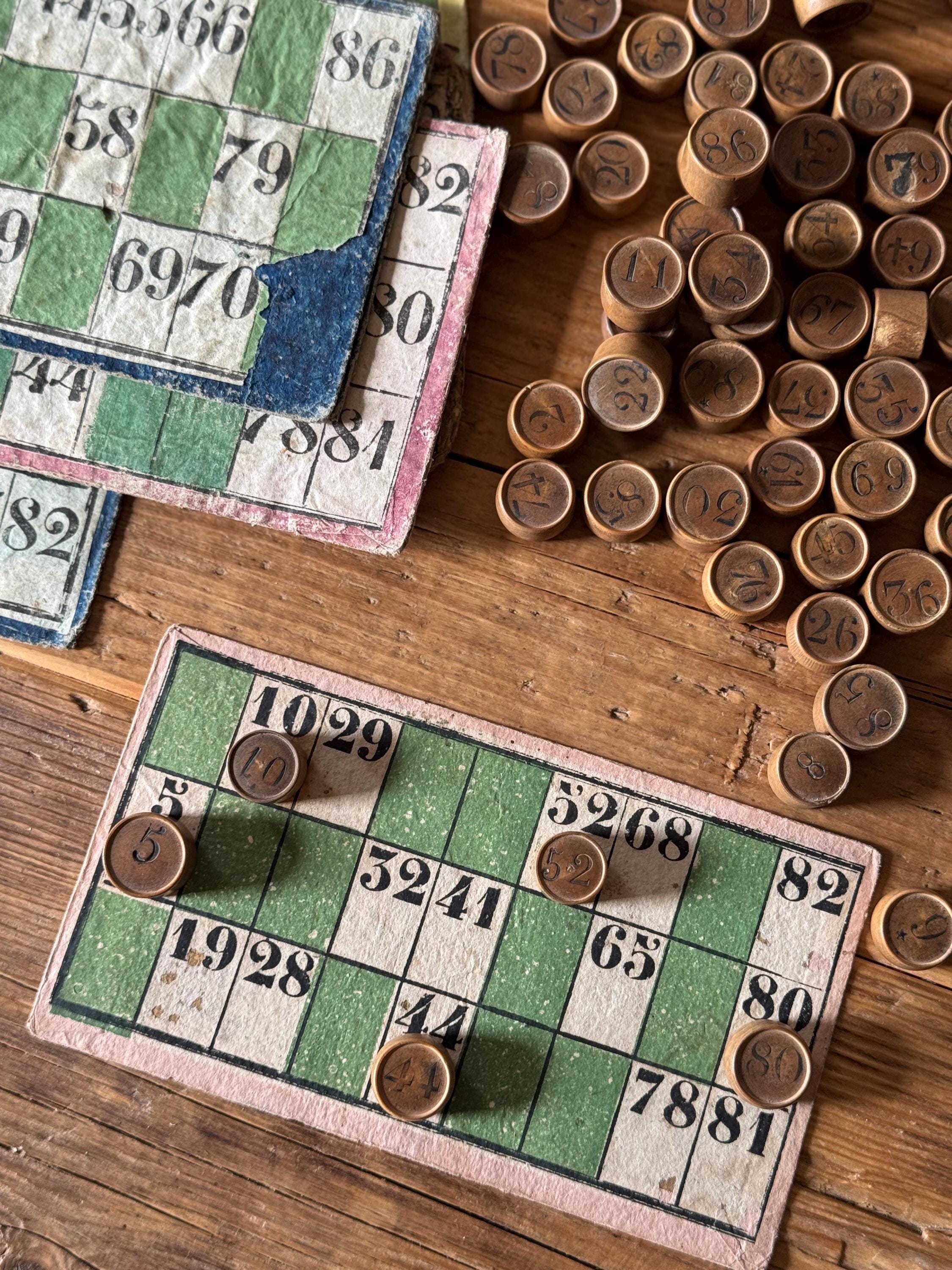 1800s Authentic French Jeu De Loto, Complete 1-90 Numbered Discs