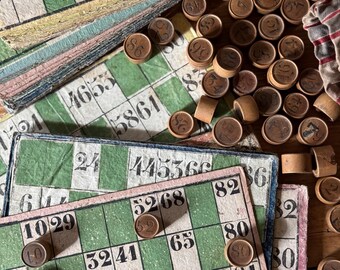 1800s Authentic French Jeu De Loto, Complete 1-90 Numbered Discs