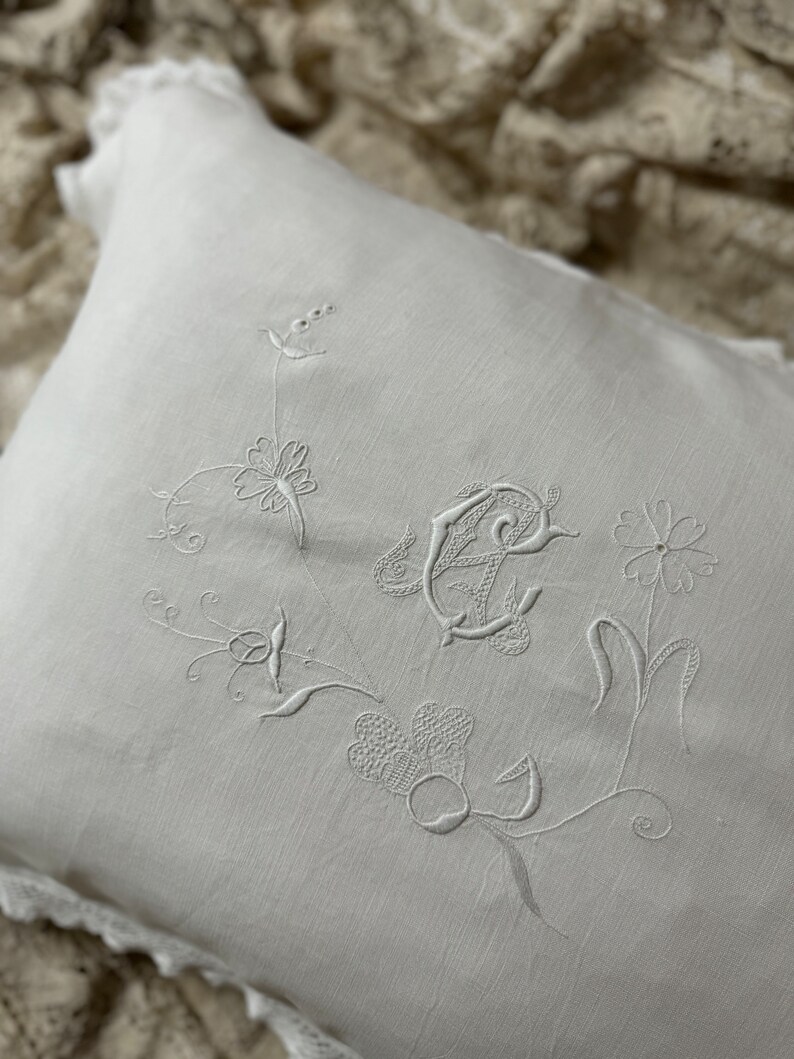 1800s Italian Pillowcase in White Linen, Handmade Floral Embroidery, AC