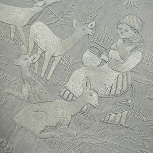 SUPERB! Appenzell Handmade Oval Round Table Runner, Center piece, Cream Butter Color Linen, Swiss Embroidery, Silk Thread, Early 1900s, Antique & Vintage Textiles Rural Countryside scenes figural human animals deers drawn-thread work