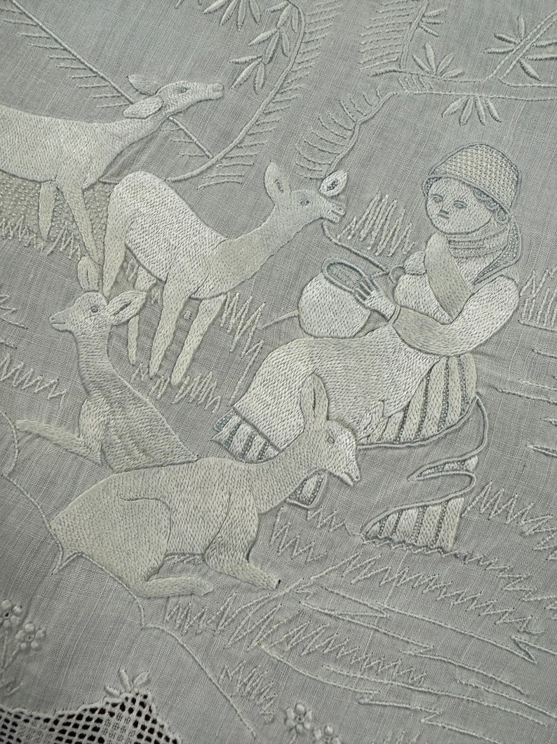 SUPERB! Appenzell Handmade Oval Round Table Runner, Center piece, Cream Butter Color Linen, Swiss Embroidery, Silk Thread, Early 1900s, Antique & Vintage Textiles Rural Countryside scenes figural human animals deers drawn-thread work