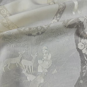 SUPERB! Appenzell Handmade Oval Round Table Runner, Center piece, Cream Butter Color Linen, Swiss Embroidery, Silk Thread, Early 1900s, Antique & Vintage Textiles Rural Countryside scenes figural human animals deers drawn-thread work