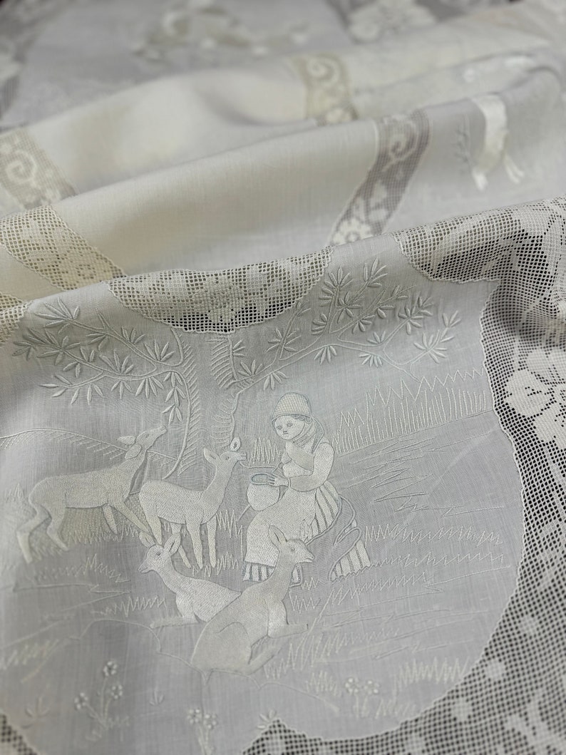 SUPERB! Appenzell Handmade Oval Round Table Runner, Center piece, Cream Butter Color Linen, Swiss Embroidery, Silk Thread, Early 1900s, Antique & Vintage Textiles Rural Countryside scenes figural human animals deers drawn-thread work