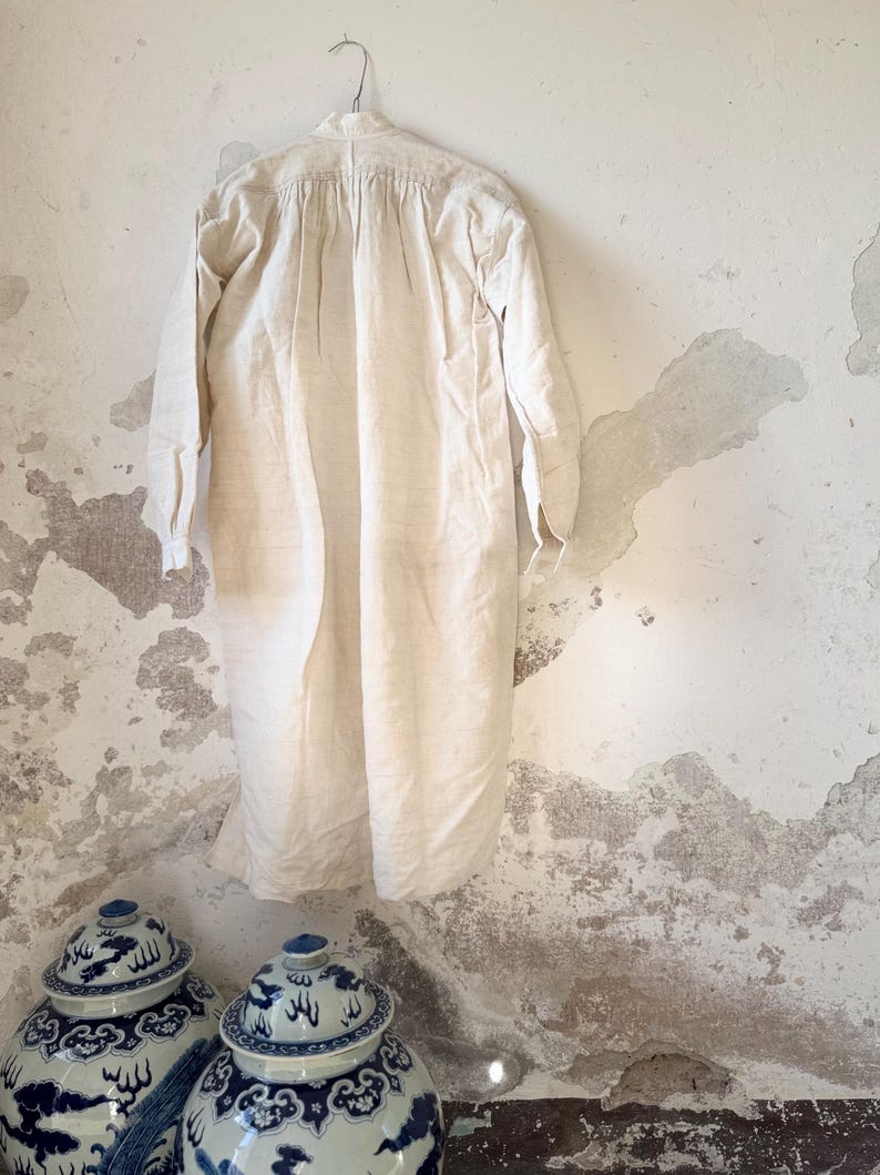 1840s-1870s Authentic French Chemise Tunic, Hand-spun Hand-woven Natural Linen, Handmade HJ Monograms, Long Shirt Smock, Antique Vintage Textile, Men Women Peasant Worker Workwear, Victorian Fashion, Farmhouse Summer Country Chic Dress, 19th century