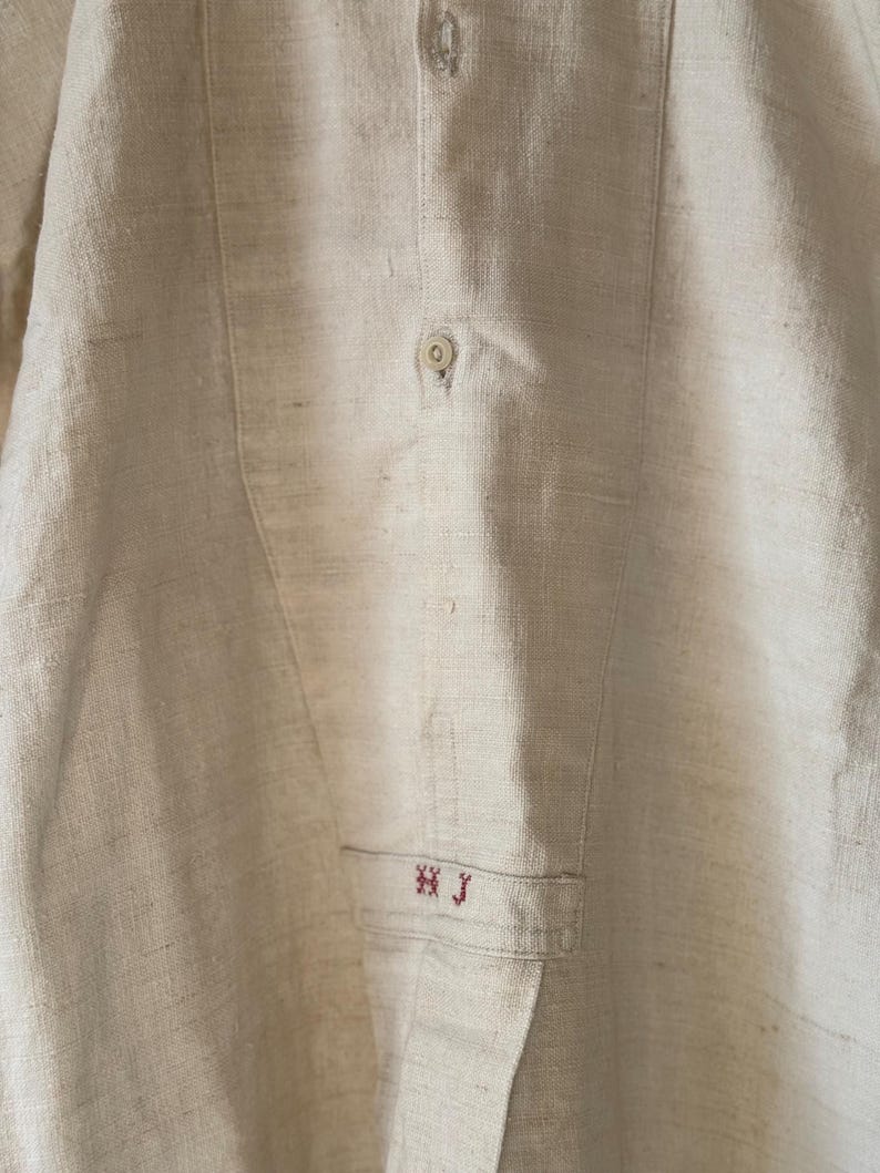 1840s-1870s Authentic French Chemise Tunic, Hand-spun Hand-woven Natural Linen, Handmade HJ Monograms, Long Shirt Smock, Antique Vintage Textile, Men Women Peasant Worker Workwear, Victorian Fashion, Farmhouse Summer Country Chic Dress, 19th century