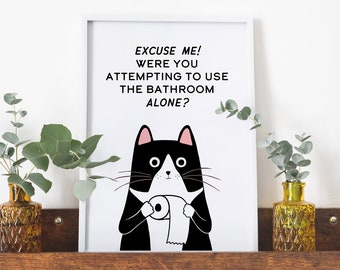 Funny Tuxedo Cat Art Print | Bathroom Toilet Cat Art | Cat Lover Mom Gift Wall Decor | Premium Matte Print Original Artwork