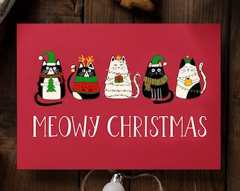 Funny Cat Christmas Card | Meowy Christmas | Set of 1, 10, 30, and 50 | Double coated and envelopes included | Funny cat love gift