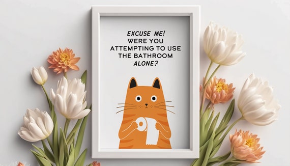 Funny Bathroom Orange Tabby Cat Art Print | Toilet Cat Art | Cat Lover Mom Gift Wall Decor | Premium Matte Print Original Artwork