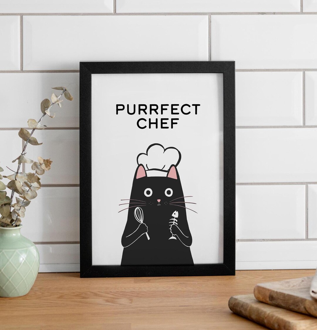black cat chef art print: boho kitchen cooking poster... Purrfect Chef | Funny Kitchen Cat Art Print | Pet Portrait Cat Wall ...