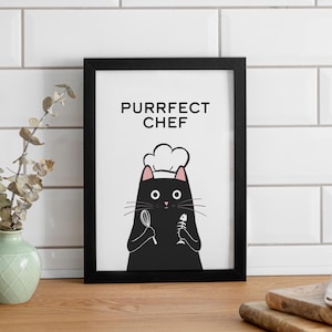 Purrfect Chef | Funny Kitchen Cat Art Print | Pet Portrait Cat Wall Decor | Cat Lover Mom Gift | Premium Matte Print Original Artwork