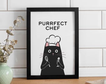 Purrfect Chef | Funny Kitchen Cat Art Print | Pet Portrait Cat Wall Decor | Cat Lover Mom Gift | Premium Matte Print Original Artwork