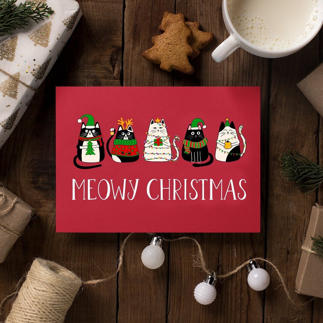 Funny Cat Christmas Card | Meowy Christmas | Set of 1, 10, 30, and 50 ...