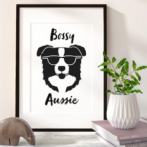 Australischer Schäferhund Kunstdruck | Bossy Aussie | Haustier Porträt Katze Wand Dekor | Aussie Hund Kunst | Premium Mattdruck Originalkunstwerk