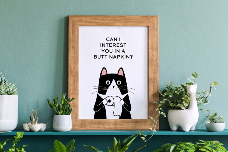 Tuxedo Cat Art Print | Toilet Bathroom Cat Art | Pet Portrait Wall ...