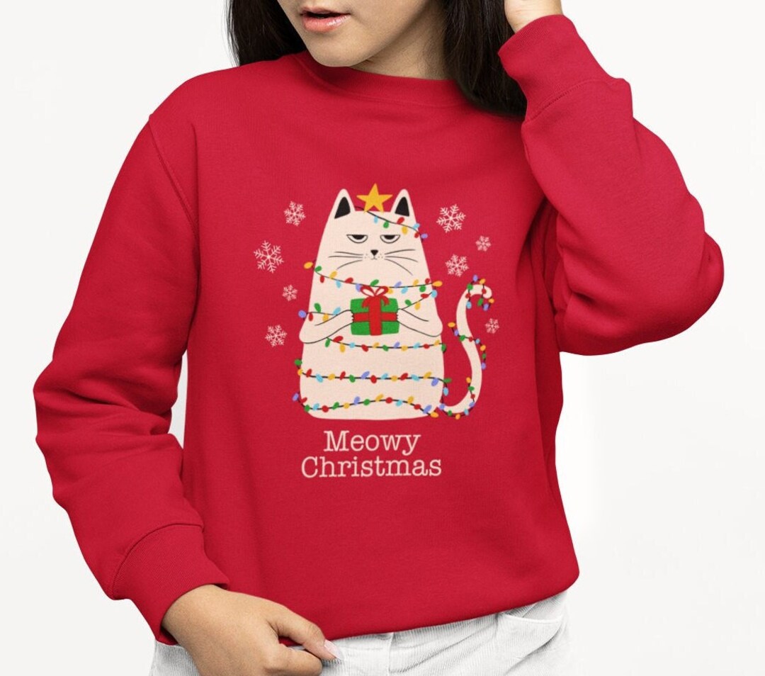 Funny Cat Christmas Sweater Meowy Christmas Holiday Ugly Sweater Crew