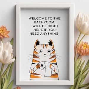 Tricolor Calico Cat Art Print | Welcome to the Bathroom | Pet Portrait Cat Wall Decor | Cat Lover Mom Gift | Premium Matte Print