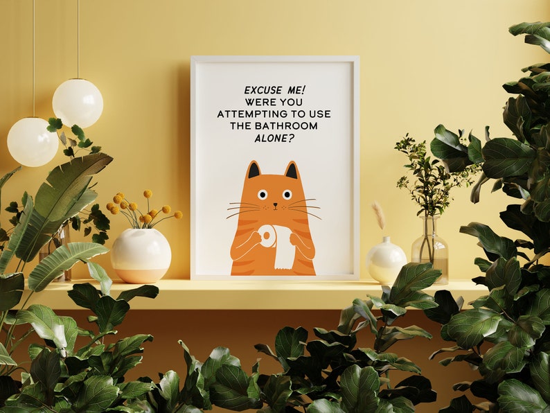 Funny Bathroom Orange Tabby Cat Art Print | Toilet Cat Art | Cat Lover ...