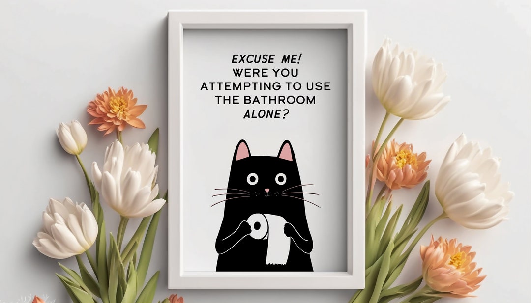 Funny Bathroom Cat Art Print | Toilet Cat Art | Pet Portrait Cat Wall ...