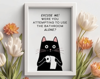 Lustig Badezimmer Katze Kunstdruck | Katzentoilette Kunst | Haustier Porträt Katze Wand Dekor | Katzenliebhaber Mom Geschenk | Premium Mattdruck Originalkunstwerk