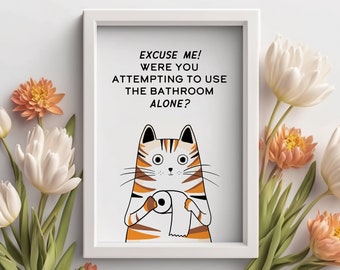 Funny Tricolor Calico Striped Cat Art Print | Bathroom Toilet Cat Art | Cat Lover Mom Gift Wall Decor | Premium Matte Print Original Artwork