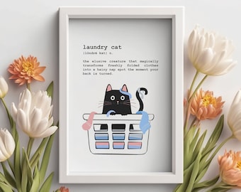 Funny Laundry Cat Art Print | Pet Portrait Cat Wall Decor | Cat Lover Mom Gift | Cat definition art | Premium Matte Print Original Artwork