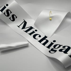 Custom State Pageant Sash  White Satin Cross Body Sash with Black Lettering – Miss [Your State] Sash for Pageants, Events, Halloween