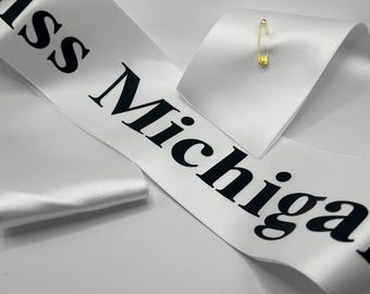 Custom State Pageant Sash: White Satin with Black Lettering