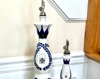 Two Handcrafted Oil Dispensers from Repurposed Clase Azul rare 200ml & 750ml tequila bottles.